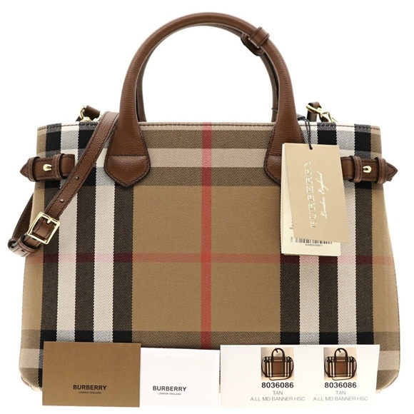 Burberry Banner Medium Tote Shoulder Bag Check Canvas Tan New - Picture 4 of 10
